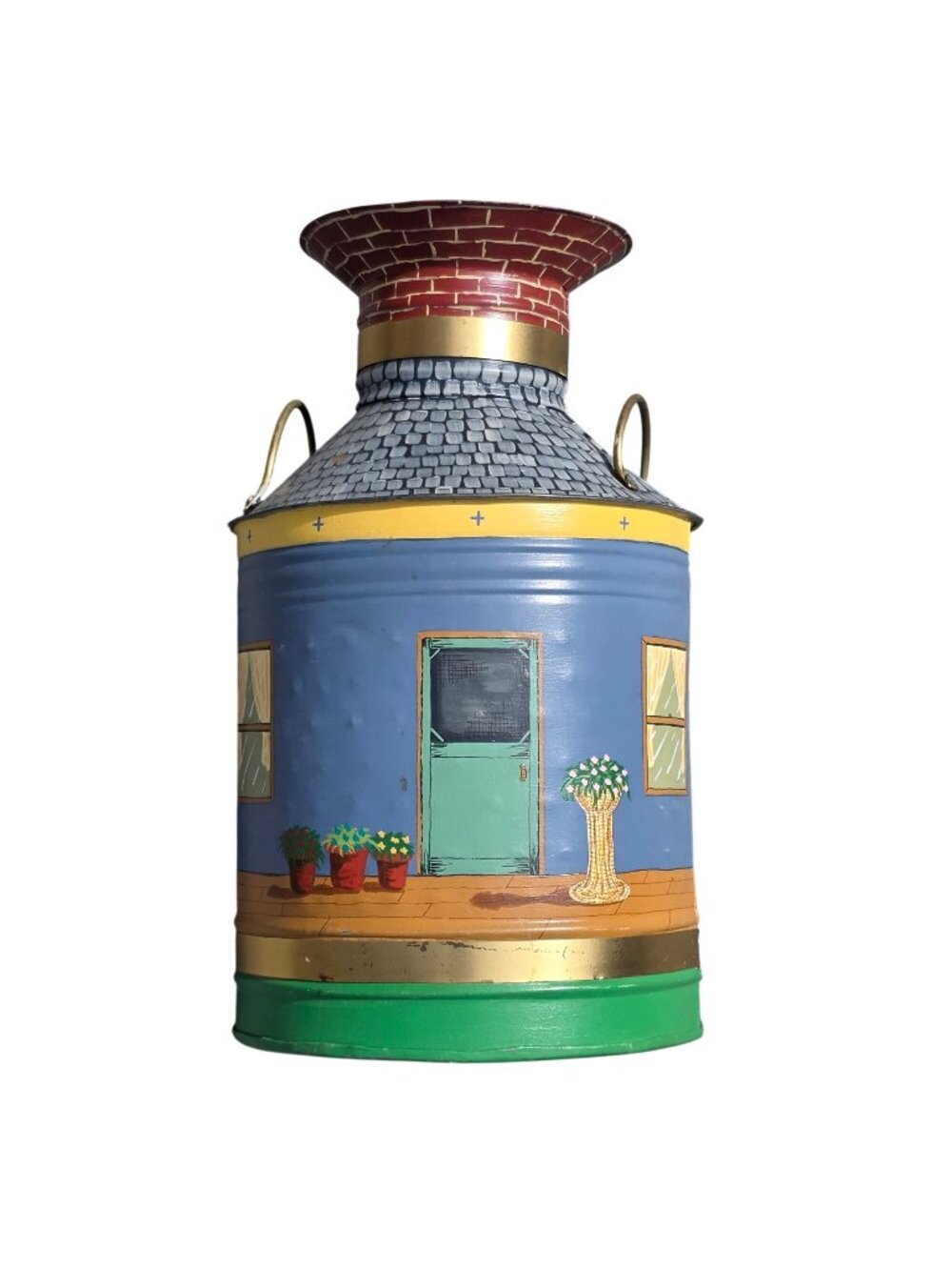 Vtg Exterior House Scene Hand-Painted Fork Art Milk Metal Tin Can Vase 6.5" x11"